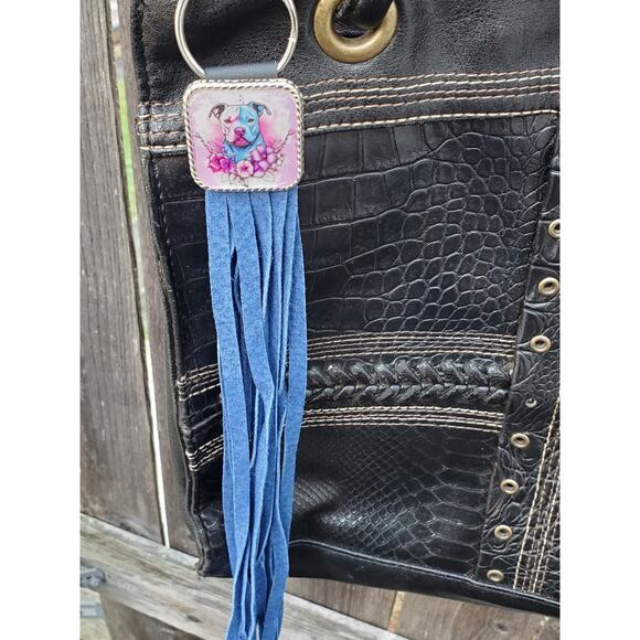 Handmade boho Pitbull lover Leather Fringe Western bag charm fringe keychain - Picture 3 of 3